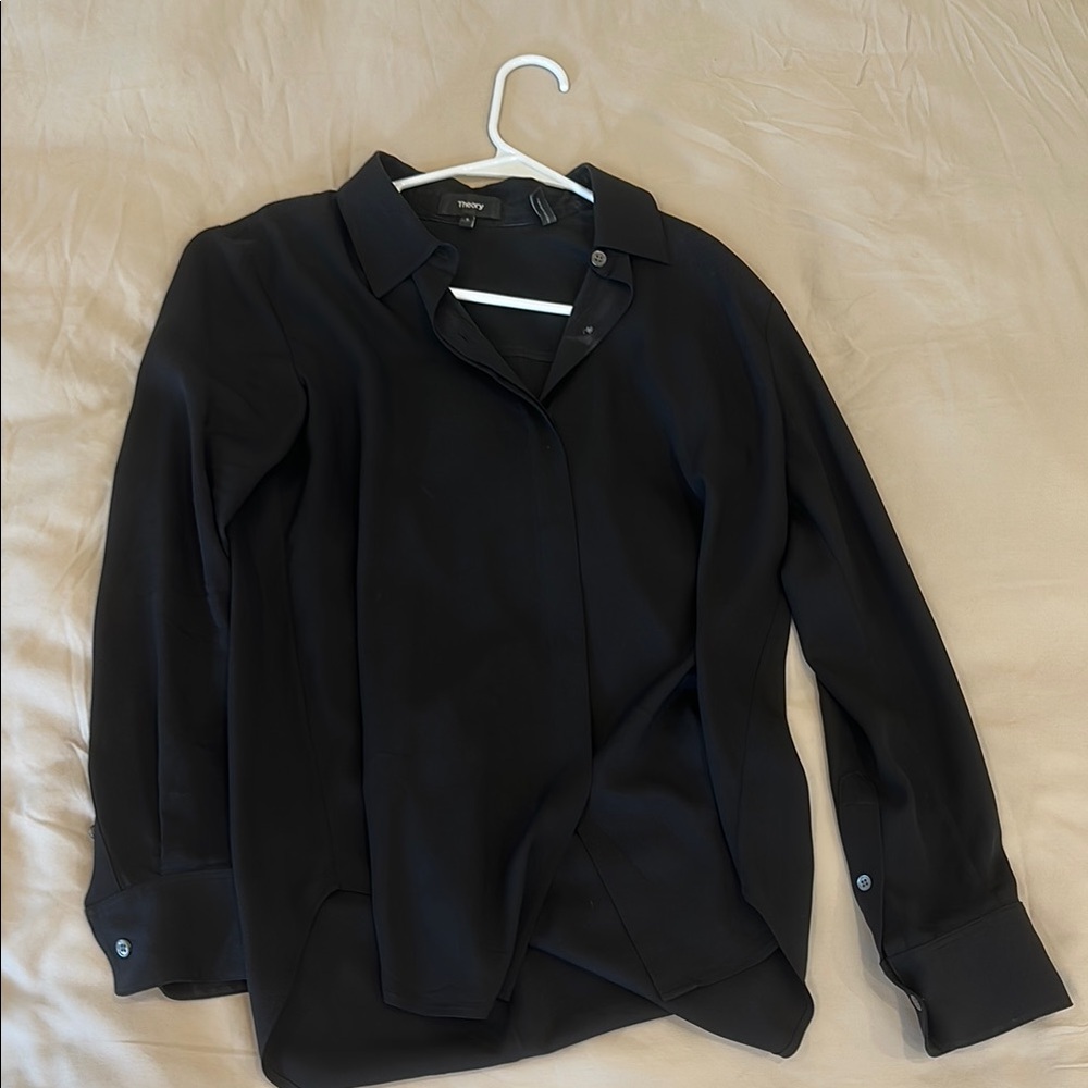 Theory Midnight Black Collared Shirt Silk Size S